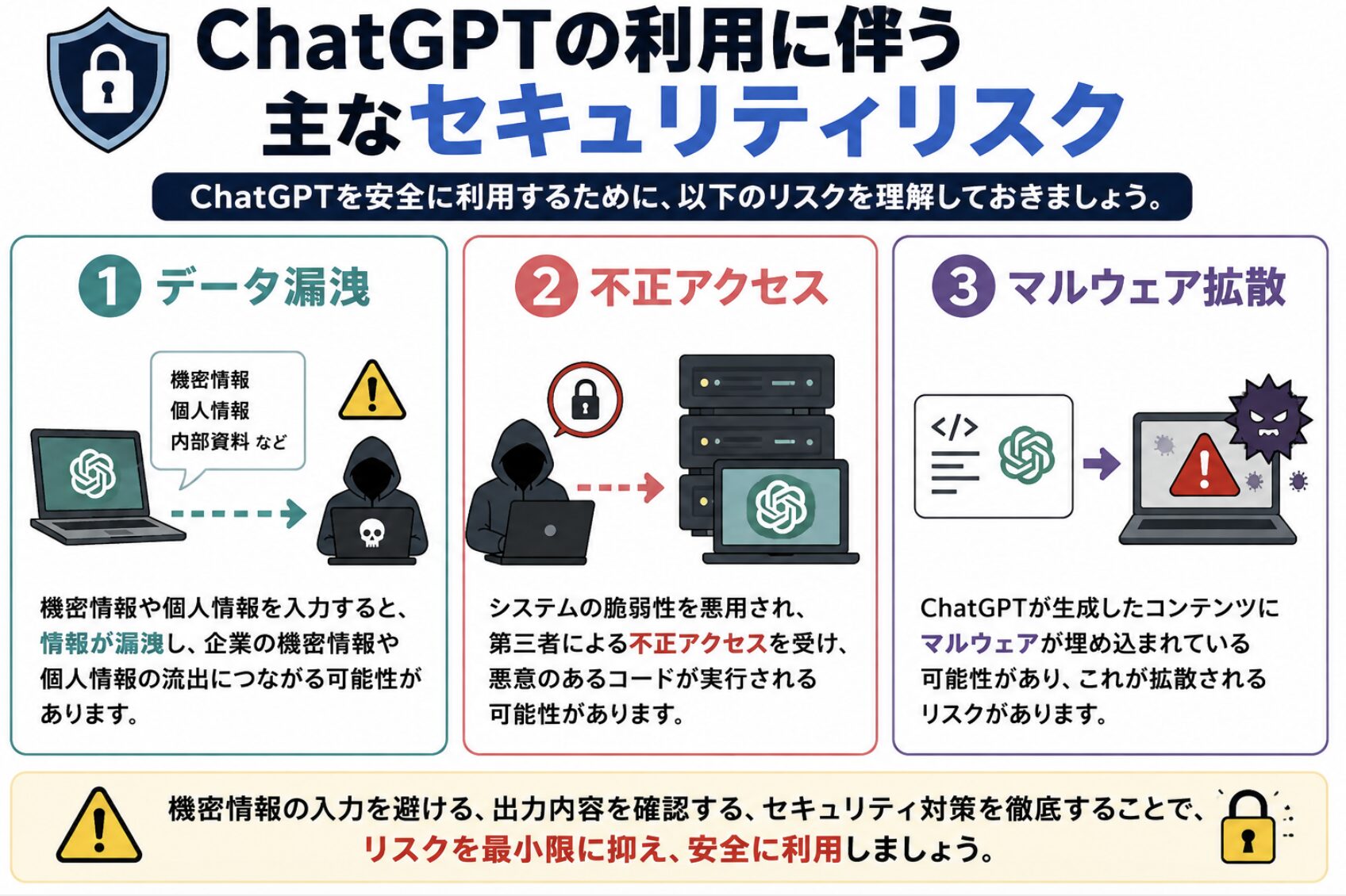 ChatGPT利用に伴う主なセキュリティリスク3つ。データ漏洩、不正アクセス、マルウェア拡散の危険性と安全に利用するための注意点を図解。