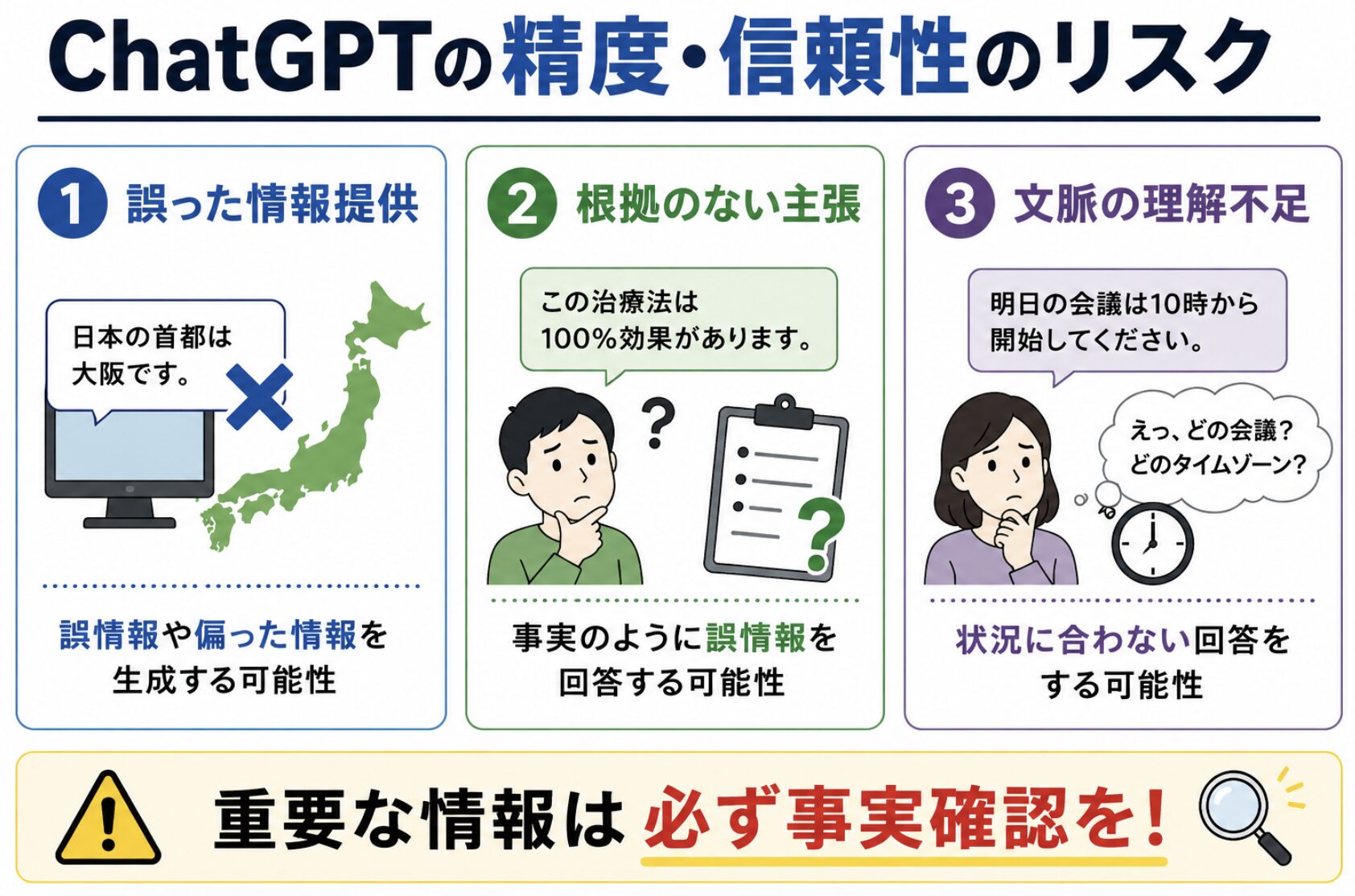 ChatGPTの精度・信頼性に関する3つのリスク。誤った情報提供、根拠のない主張、文脈の理解不足と、重要な情報は事実確認が必要であることを図解。
